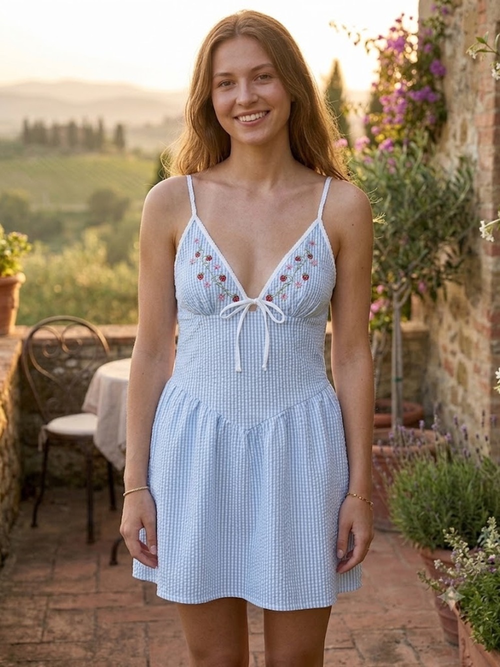 Wild Fable Blue & White Striped Strawberry Embroidered Dress - Size S - Picture 2 of 4